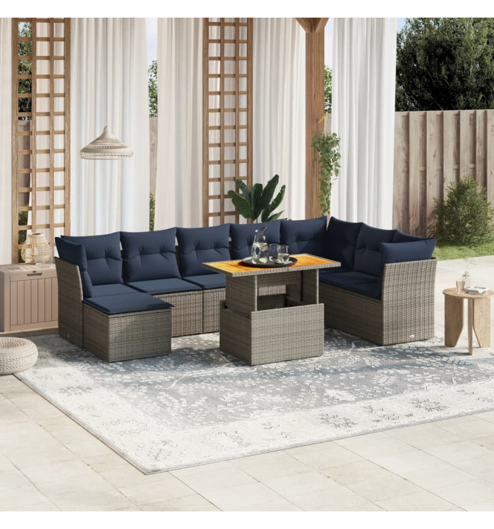 Salon de jardin 9 pcs avec coussins gris résine tressée | Mobilier & Déco