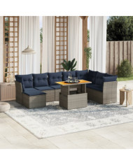 Salon de jardin 9 pcs avec coussins gris résine tressée | Mobilier & Déco