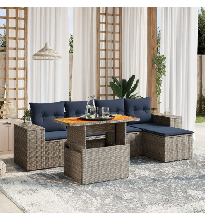Salon de jardin 6 pcs avec coussins gris résine tressée | Mobilier & Déco