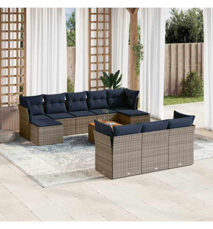 Salon de jardin 11 pcs avec coussins gris résine tressée | Mobilier & Déco