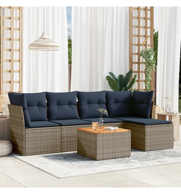 Salon de jardin 6 pcs avec coussins gris résine tressée | Mobilier & Déco