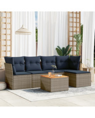 Salon de jardin 6 pcs avec coussins gris résine tressée | Mobilier & Déco