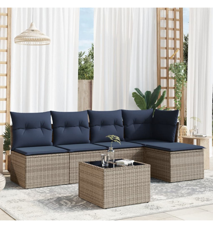 Salon de jardin 6 pcs avec coussins gris résine tressée | Mobilier & Déco