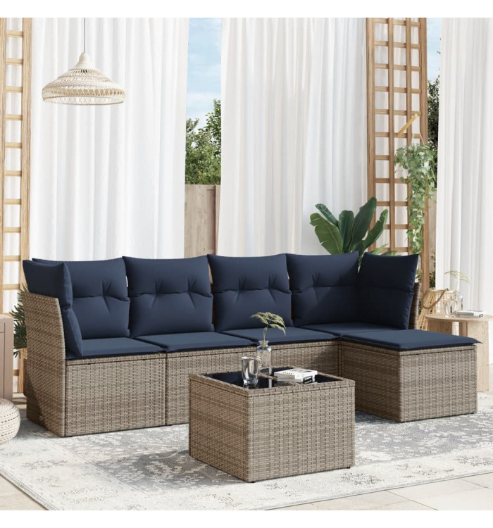 Salon de jardin 6 pcs avec coussins gris résine tressée | Mobilier & Déco