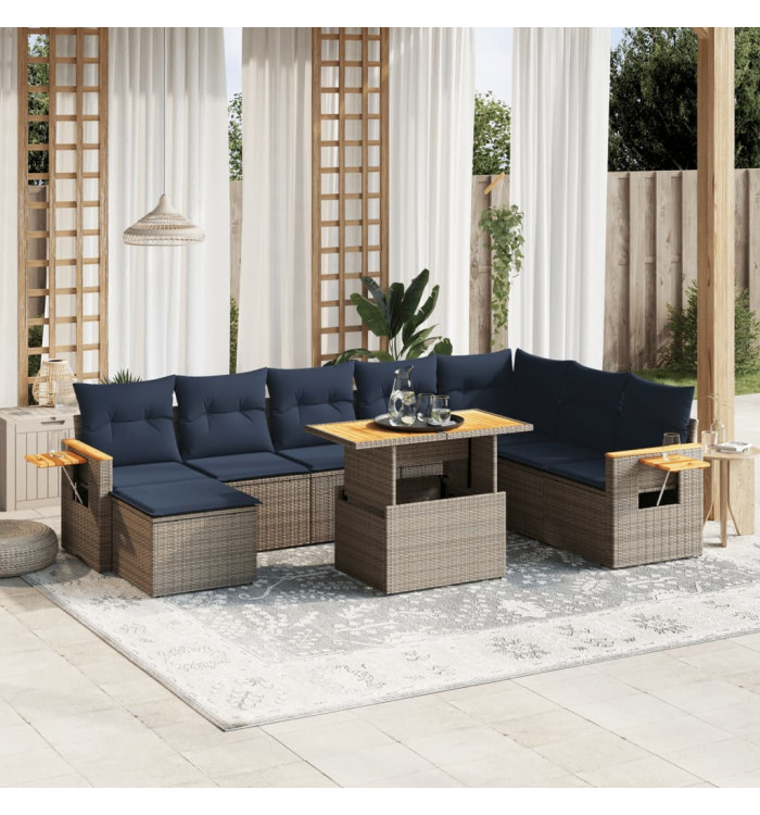 Salon de jardin 9 pcs avec coussins gris résine tressée | Mobilier & Déco