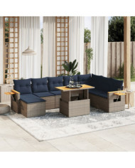 Salon de jardin 9 pcs avec coussins gris résine tressée | Mobilier & Déco