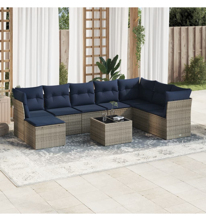 Salon de jardin 9 pcs avec coussins gris résine tressée | Mobilier & Déco
