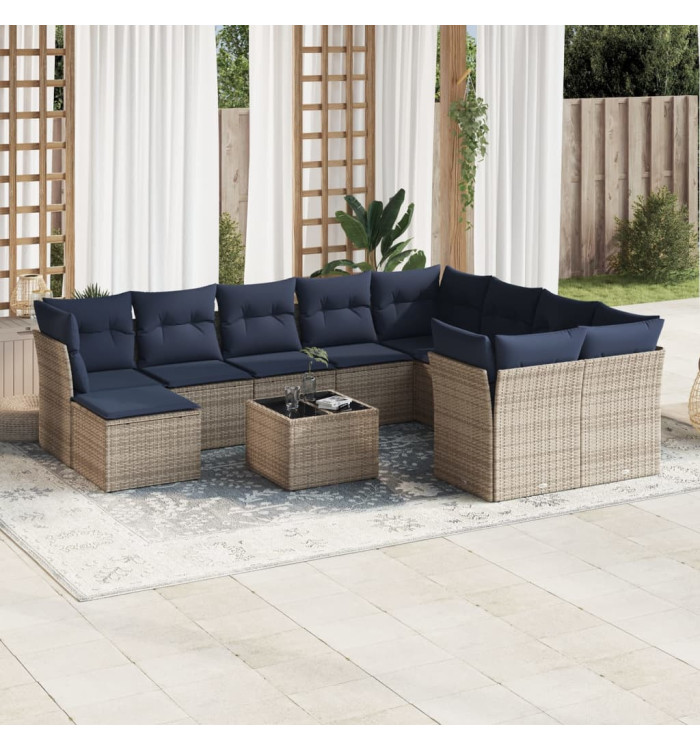 Salon de jardin 11 pcs avec coussins gris résine tressée | Mobilier & Déco