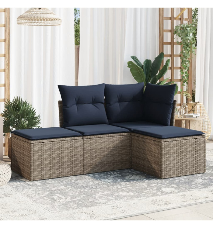 Salon de jardin 4 pcs avec coussins gris résine tressée | Mobilier & Déco