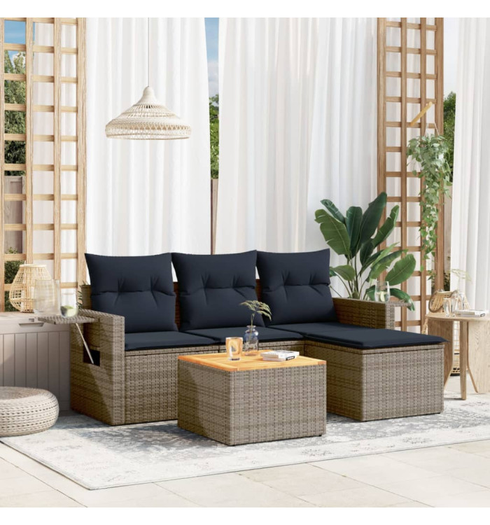 Salon de jardin 5 pcs avec coussins gris résine tressée | Mobilier & Déco