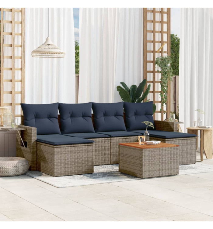Salon de jardin 7 pcs avec coussins gris résine tressée | Mobilier & Déco