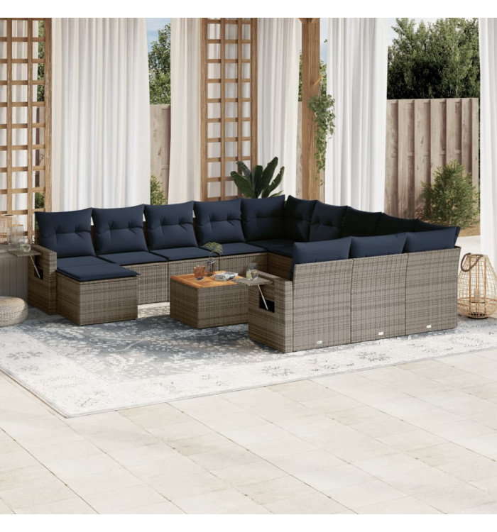 Salon de jardin avec coussins 13 pcs gris résine tressée | Mobilier & Déco