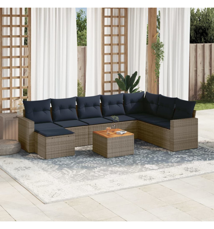 Salon de jardin 9 pcs avec coussins gris résine tressée | Mobilier & Déco