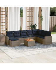 Salon de jardin 9 pcs avec coussins gris résine tressée | Mobilier & Déco