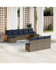 Salon de jardin 10 pcs avec coussins gris résine tressée | Mobilier & Déco