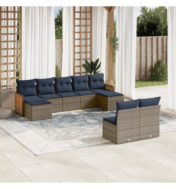 Salon de jardin 9 pcs avec coussins gris résine tressée | Mobilier & Déco