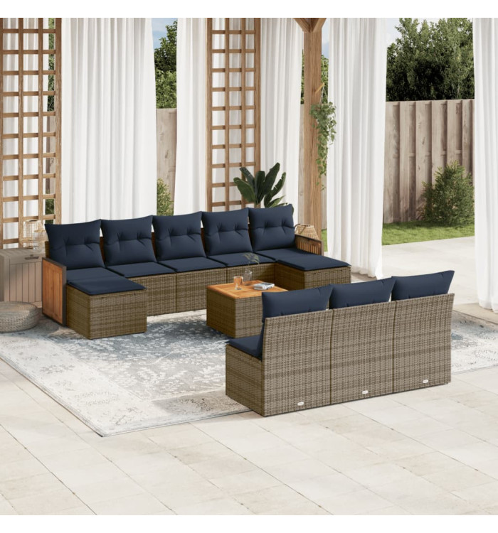 Salon de jardin 11 pcs avec coussins gris résine tressée | Mobilier & Déco
