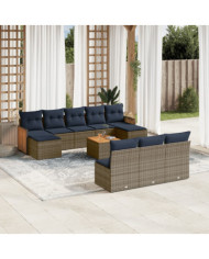Salon de jardin 11 pcs avec coussins gris résine tressée | Mobilier & Déco