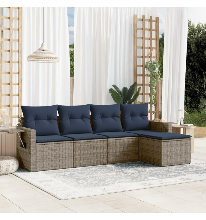 Salon de jardin 5 pcs avec coussins gris résine tressée | Mobilier & Déco