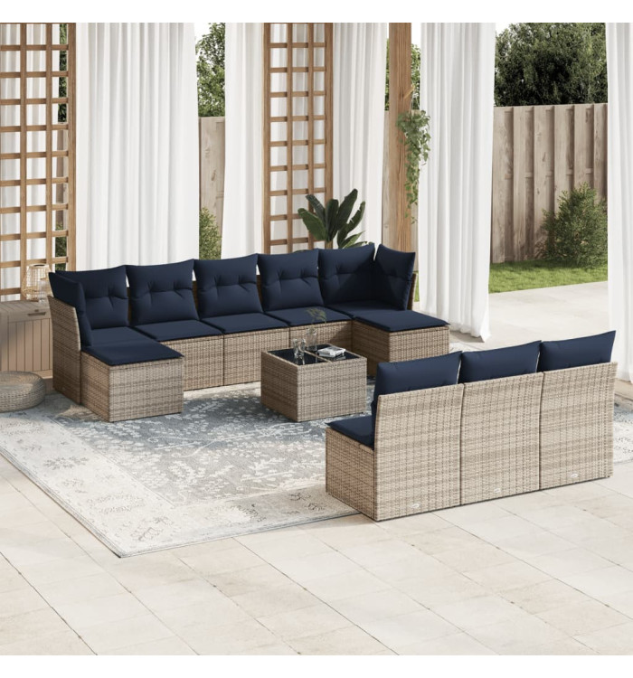 Salon de jardin 11 pcs avec coussins gris résine tressée | Mobilier & Déco