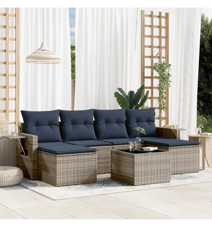 Salon de jardin 7 pcs avec coussins gris résine tressée | Mobilier & Déco