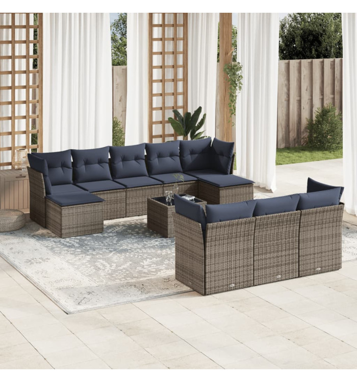 Salon de jardin 11 pcs avec coussins gris résine tressée | Mobilier & Déco
