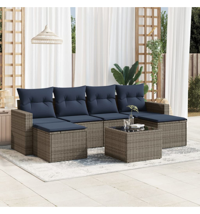 Salon de jardin 7 pcs avec coussins gris résine tressée | Mobilier & Déco