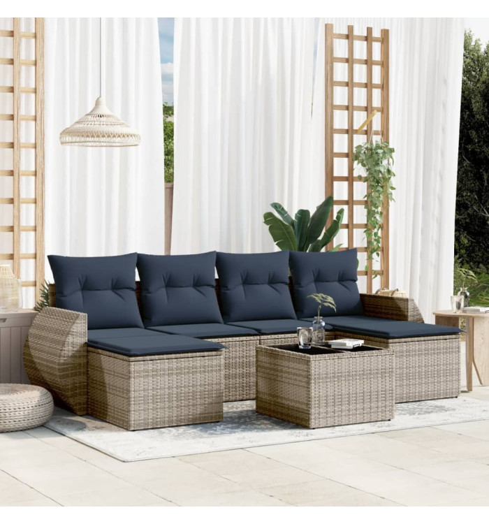 Salon de jardin 7 pcs avec coussins gris résine tressée | Mobilier & Déco