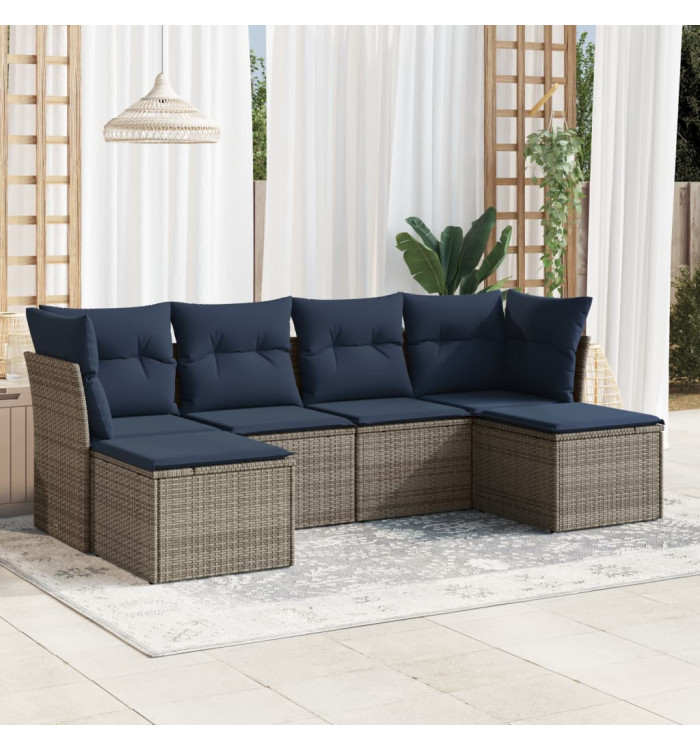 Salon de jardin 6 pcs avec coussins gris résine tressée | Mobilier & Déco