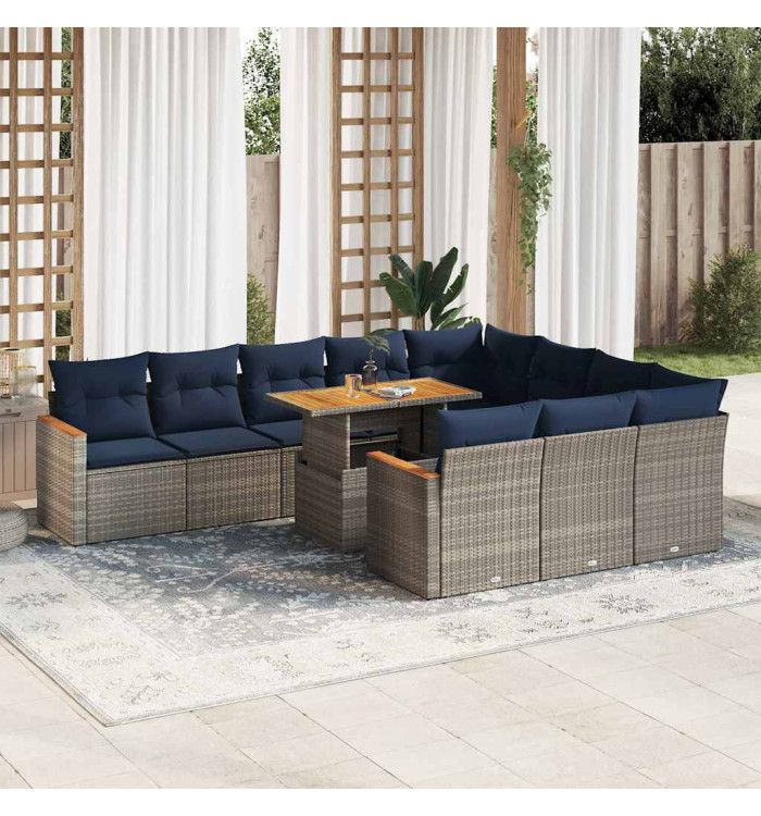 Salon de jardin 11 pcs avec coussins gris résine tressée | Mobilier & Déco