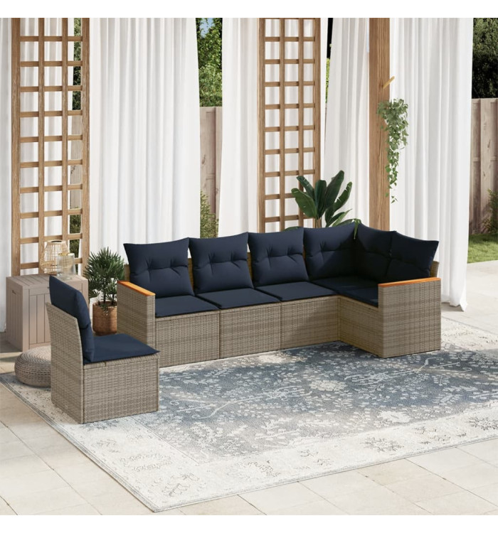 Salon de jardin 6 pcs avec coussins gris résine tressée | Mobilier & Déco