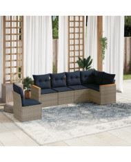 Salon de jardin 6 pcs avec coussins gris résine tressée | Mobilier & Déco