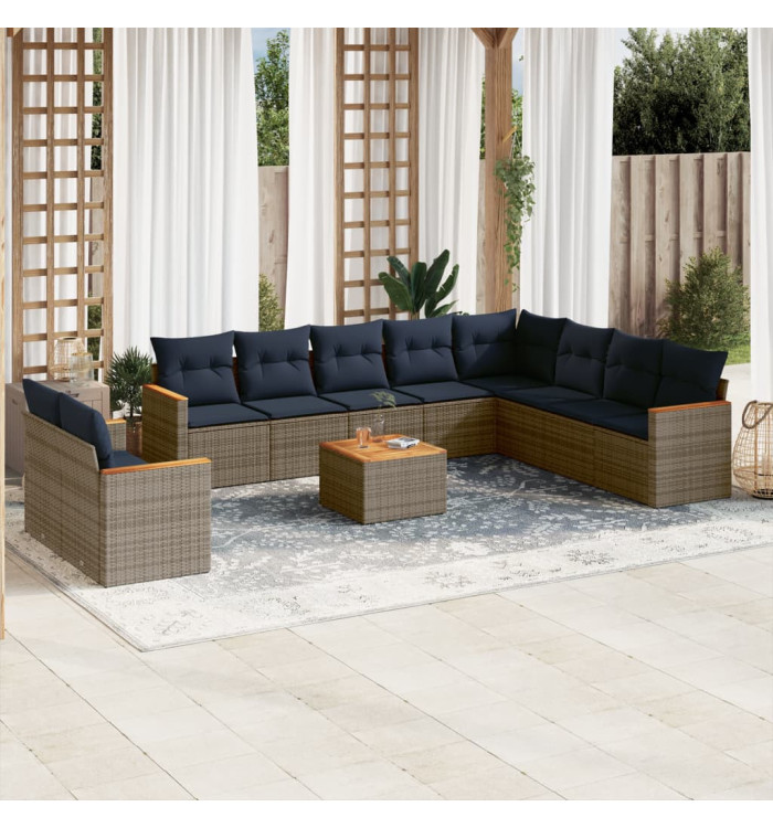Salon de jardin 11 pcs avec coussins gris résine tressée | Mobilier & Déco
