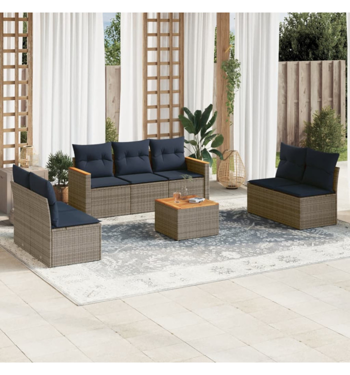 Salon de jardin 8 pcs avec coussins gris résine tressée | Mobilier & Déco