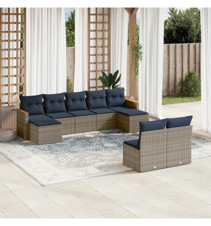Salon de jardin 9 pcs avec coussins gris résine tressée | Mobilier & Déco