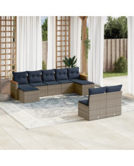Salon de jardin 9 pcs avec coussins gris résine tressée | Mobilier & Déco