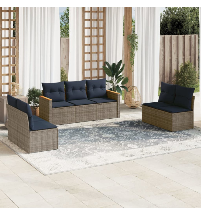 Salon de jardin 7 pcs avec coussins gris résine tressée | Mobilier & Déco