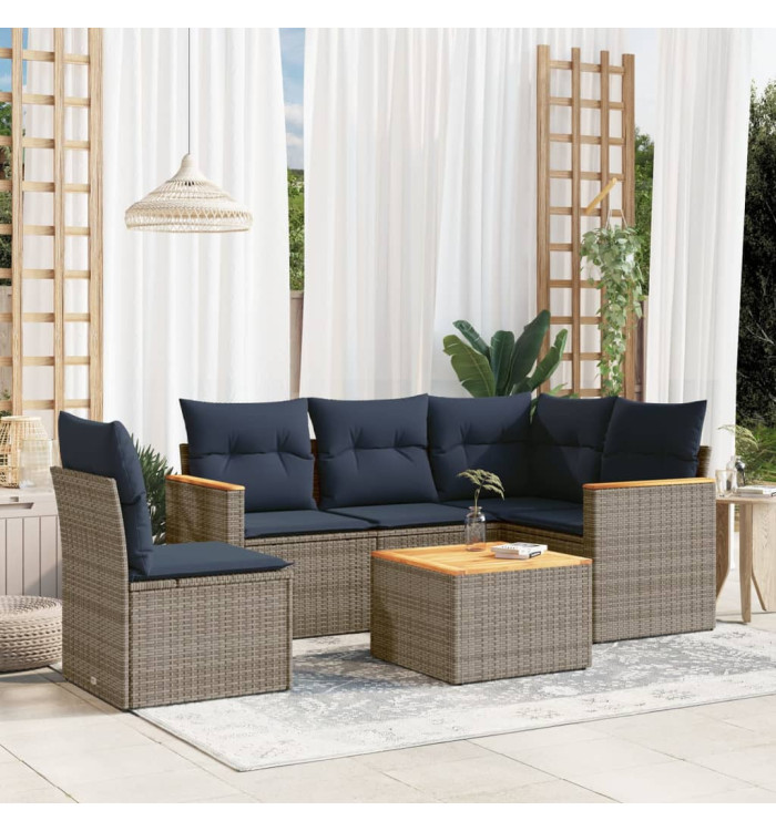 Salon de jardin 6 pcs avec coussins gris résine tressée | Mobilier & Déco