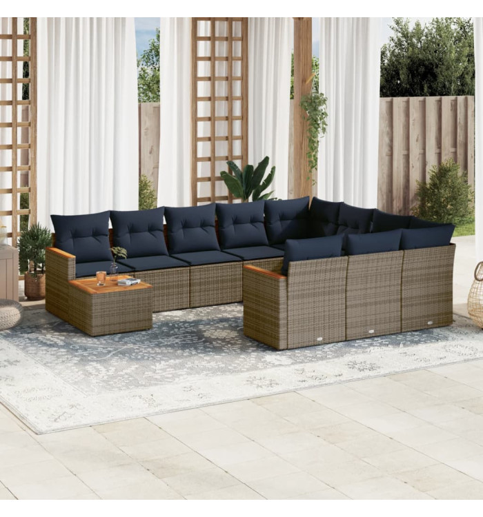 Salon de jardin 11 pcs avec coussins gris résine tressée | Mobilier & Déco