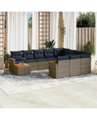 Salon de jardin 11 pcs avec coussins gris résine tressée | Mobilier & Déco
