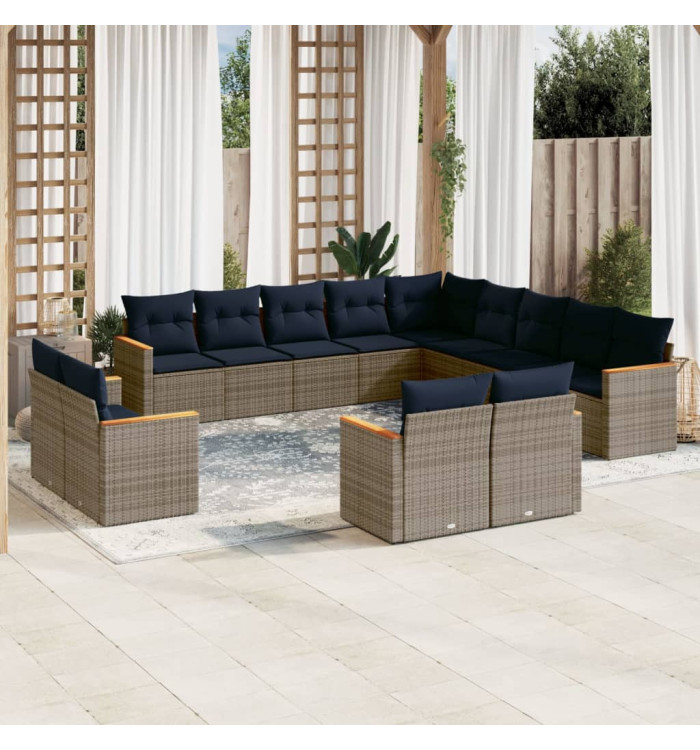 Salon de jardin avec coussins 13 pcs gris résine tressée | Mobilier & Déco