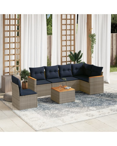 Salon de jardin 7 pcs avec coussins gris résine tressée | Mobilier & Déco
