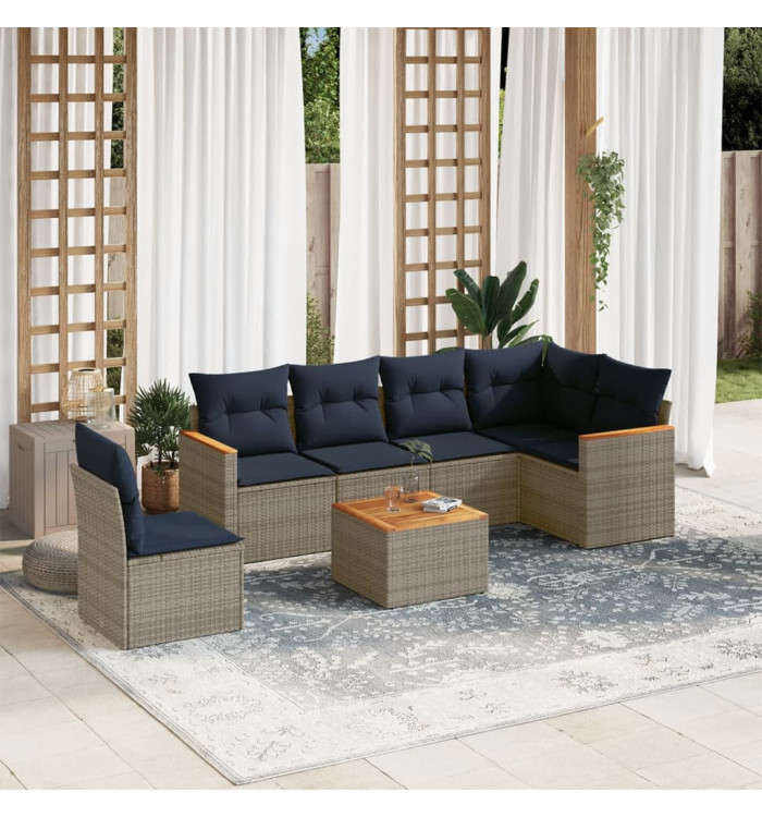 Salon de jardin 7 pcs avec coussins gris résine tressée | Mobilier & Déco