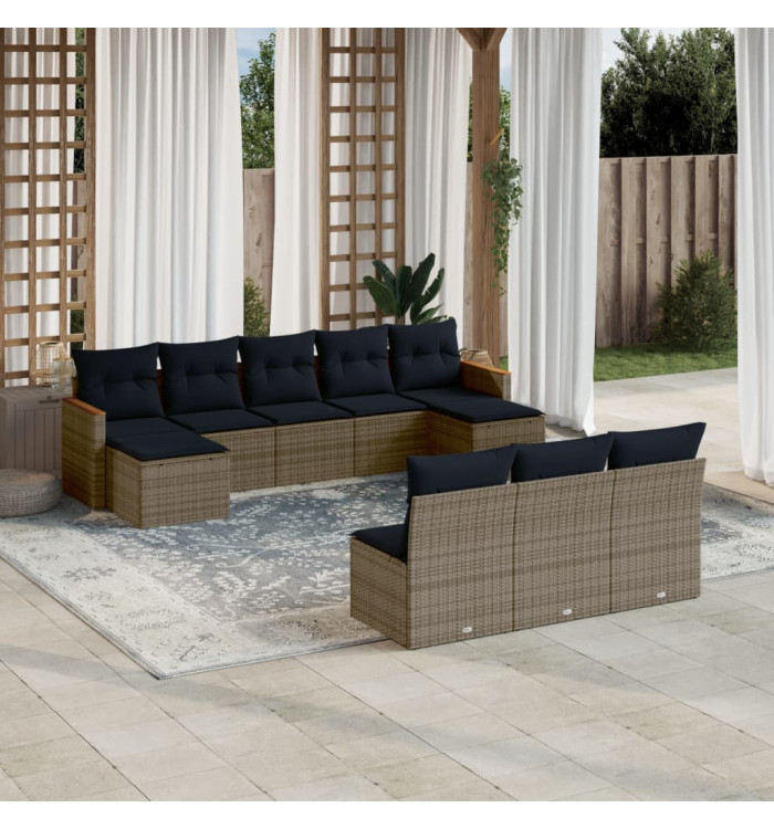 Salon de jardin 10 pcs avec coussins gris résine tressée | Mobilier & Déco