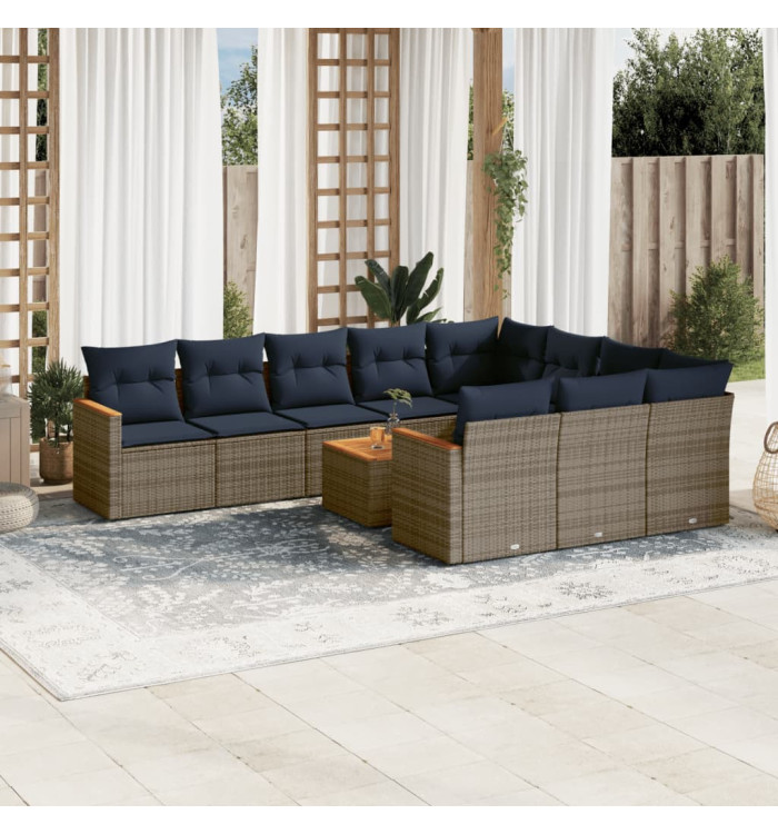 Salon de jardin 11 pcs avec coussins gris résine tressée | Mobilier & Déco