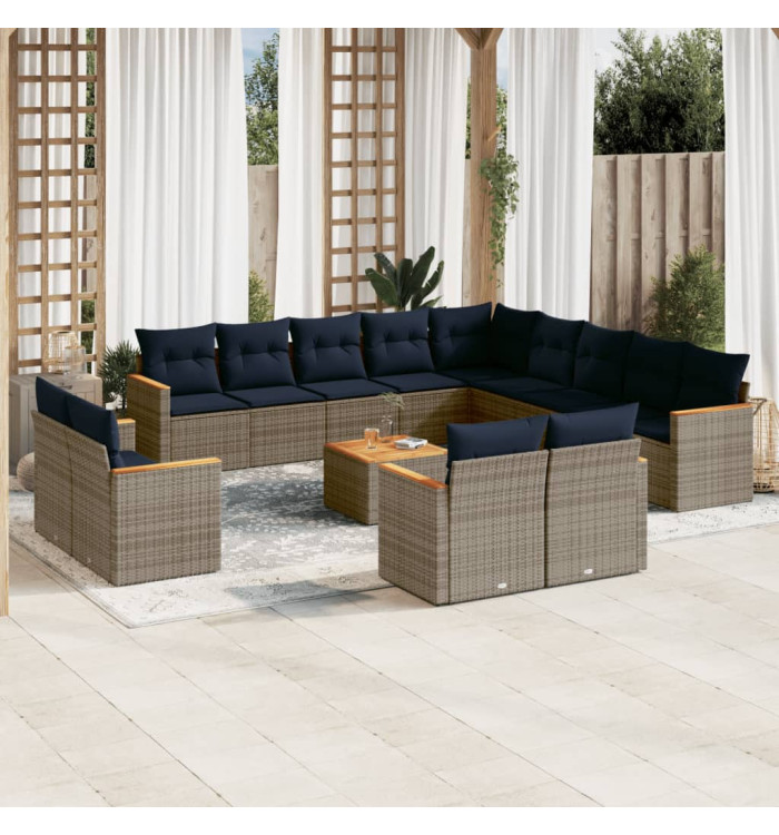 Salon de jardin avec coussins 14 pcs gris résine tressée | Mobilier & Déco