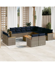 Salon de jardin avec coussins 14 pcs gris résine tressée | Mobilier & Déco