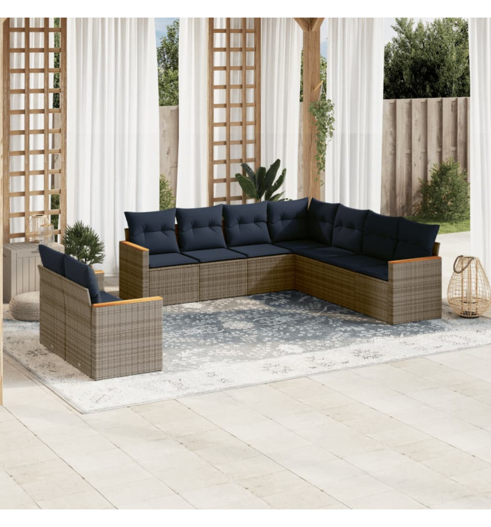 Salon de jardin 9 pcs avec coussins gris résine tressée | Mobilier & Déco