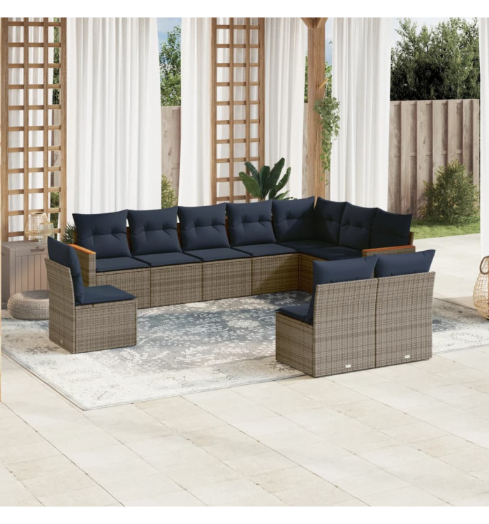 Salon de jardin 10 pcs avec coussins gris résine tressée | Mobilier & Déco