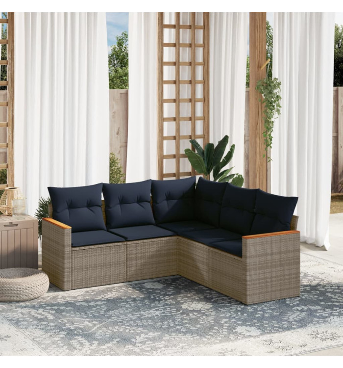 Salon de jardin 5 pcs avec coussins gris résine tressée | Mobilier & Déco
